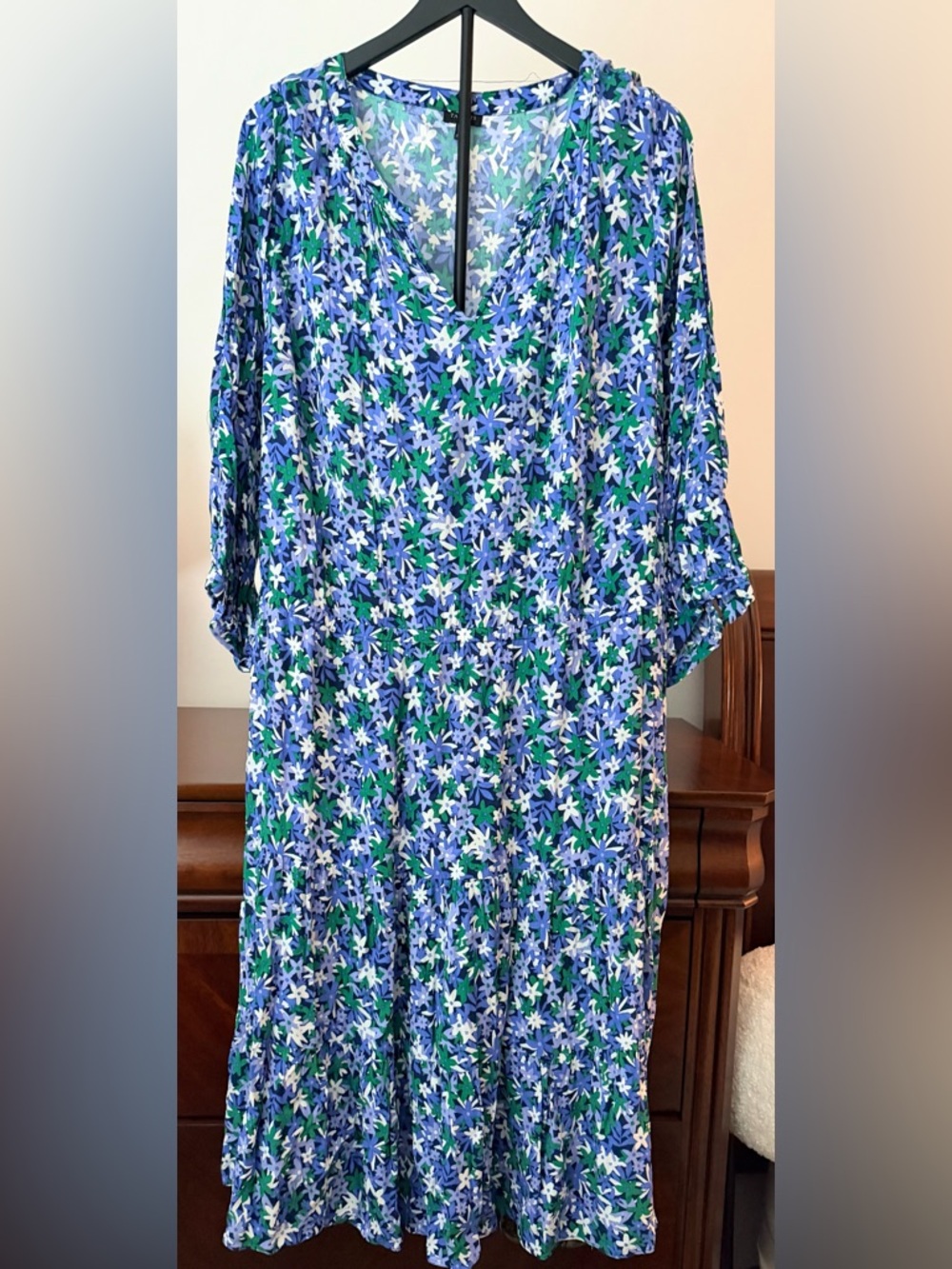 Talbots Blue and Green Floral Tie-Waist Midi Dress